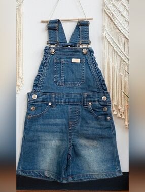 84.  7 For All Mankind Toddler Girls Ruffle Denim Shortalls - 2T